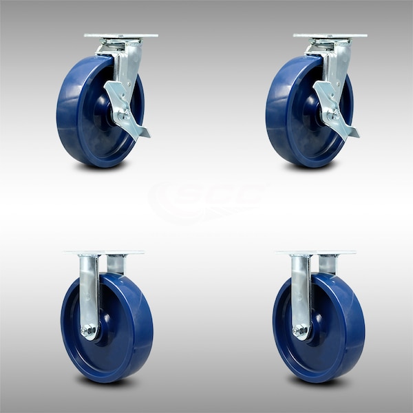 Service Caster 8 Inch SS Solid Poly Caster Set with Roller Bearings 2 Brakes 2 Rigid SCC SCC-SS30S820-SPUR-TLB-2-R-2 - main